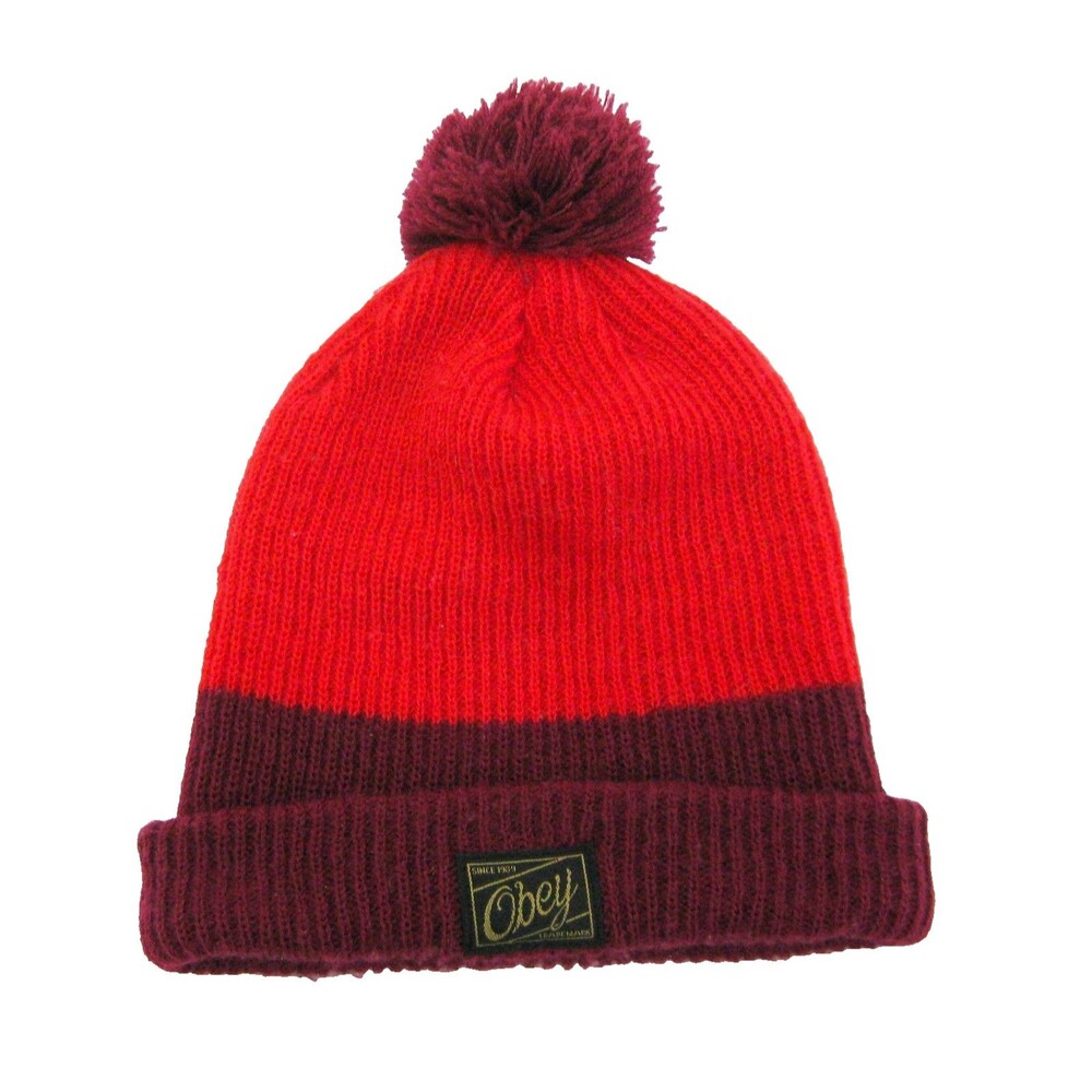 OBEY Red Beanie Knit Hat Adult One Size Warm Winter Ski Cap 100% Acrylic